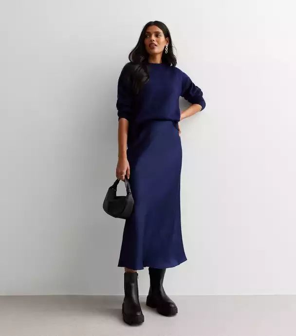 Navy Tops Outfit, Blue Satin Midi Skirt Outfit, Blue Navy Skirt Outfit, Navy Slip Skirt Outfit, Navy Black Outfit, Navy Silk Skirt Outfit, Blue Silk Skirt Outfit, Black Satin Midi Skirt Outfit, Satin Skirt Outfit Winter