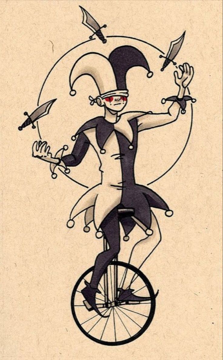 a drawing of a clown riding on top of a unicycle with birds flying around