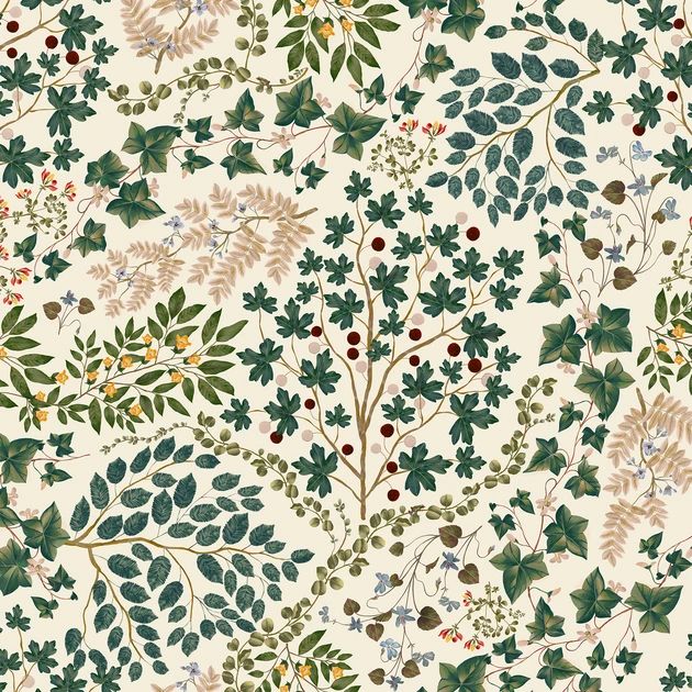 an image of a wallpaper with leaves and berries on white background in shades of green