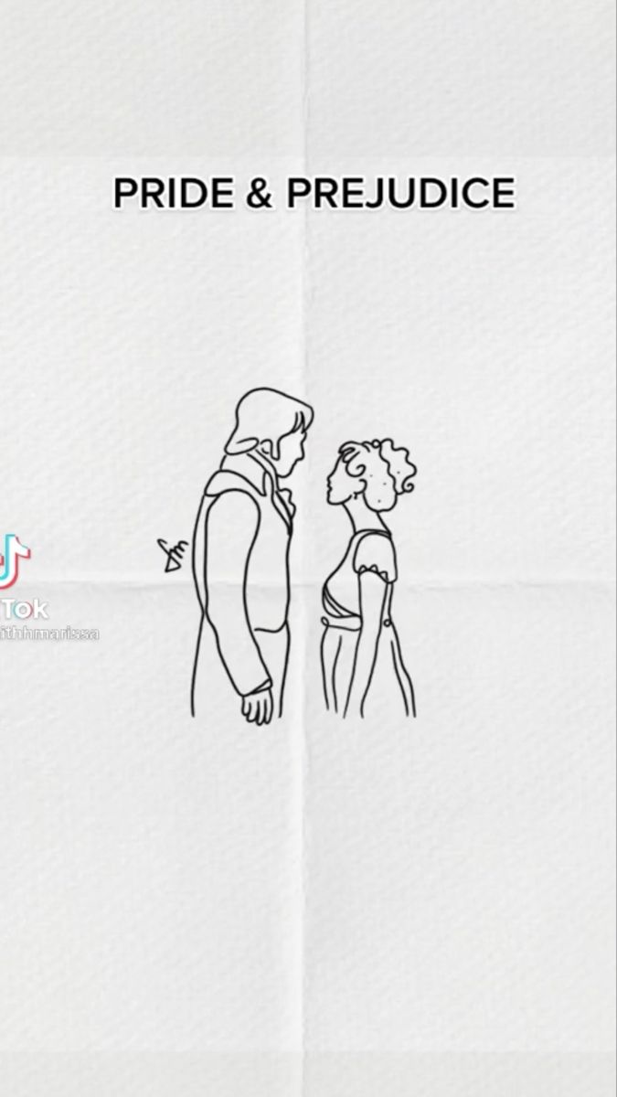 a drawing of a man and woman standing next to each other with the words pride & prejudice on it