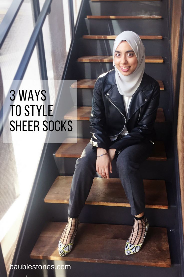 3 Ways to Style Sheer Socks | Bauble Stories hijabi fashion, leather jacket, black outfit, work outfit, 9 to 5, geometric heels, sheer socks, mesh socks, modest style, style tips Fashion Socks Outfit, Mesh Socks Outfit, Black Outfit Work, Sheer Socks Outfit, Jacket Black Outfit, Fashion Leather Jacket, Socks Outfit, Outfit Work, Modest Style