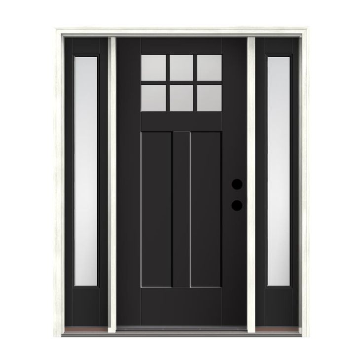 a black front door with two sidelights and glass panels on the top half of it