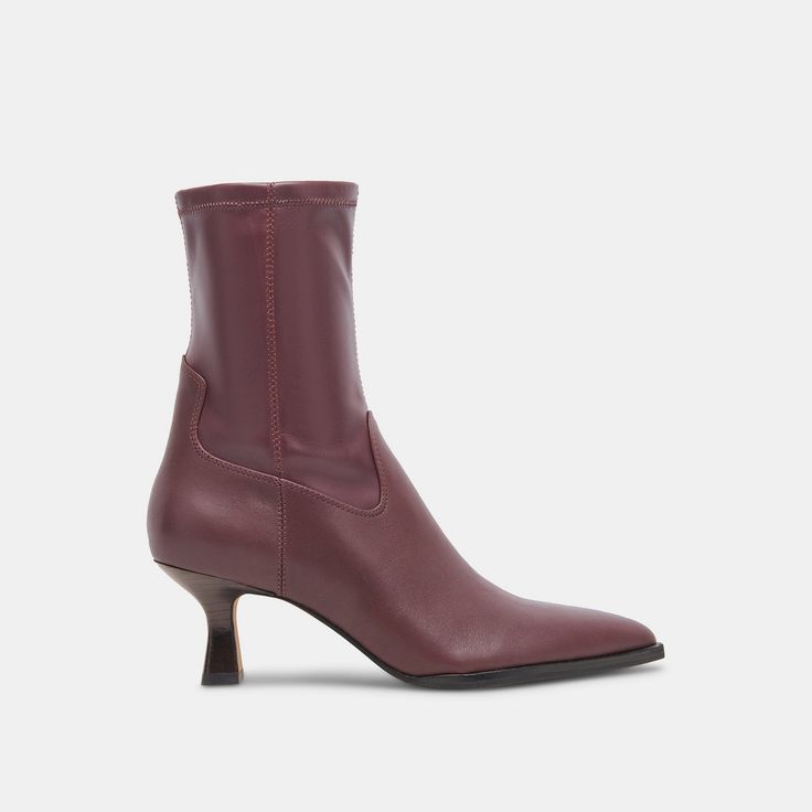 Arya Wine Leather Boots | Rich Leather Wine Boots with Skinny Heel Charleston Outfits, White Heeled Boots, Black Leather Combat Boots, Stacked Heel Boots, Rich Style, To Buy List, Lug Sole Boots, Pointed Toe Boots, Romanticizing Life