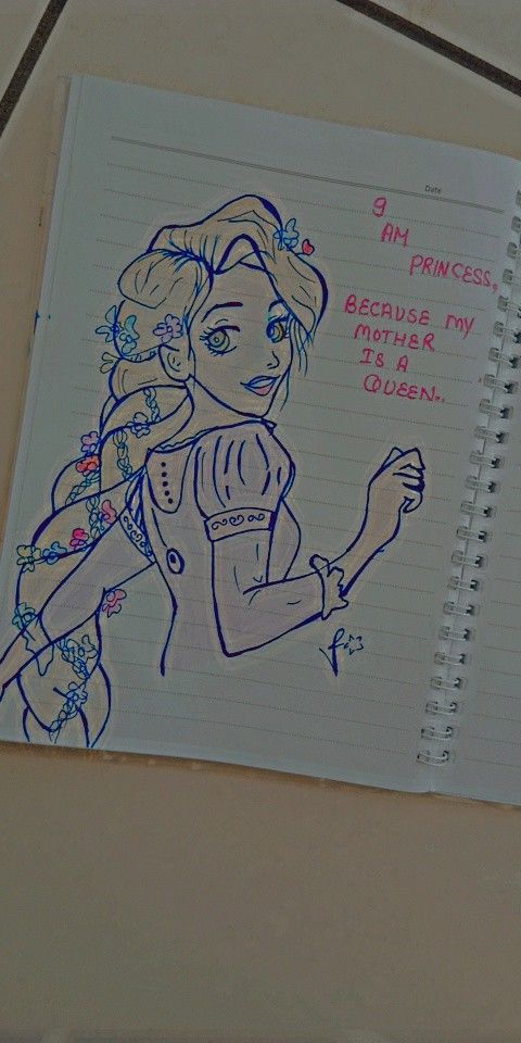 a notepad with a drawing of a princess holding a bottle of water on it