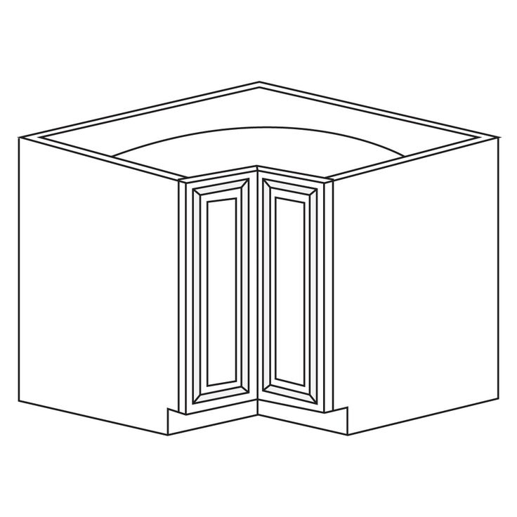 a line drawing of a corner cabinet with doors open to show the interior space inside