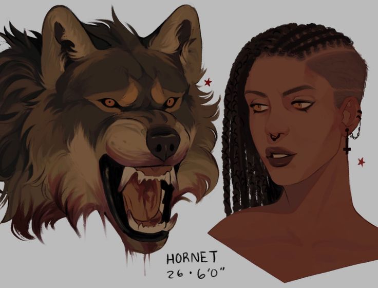 a drawing of a woman and a wolf's head with the words hornet below it