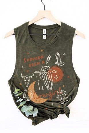 Cowgirl Graphic Tank Top | JQ Clothing Co. Western Style Graphic Print Summer Top, Western Tops With Graphic Print For Summer, Western Style Graphic Print Tops For Summer, Fall Festival Sleeveless Tank Top, Western Cotton Tops For Summer, Western Style Fitted Sleeveless Tank Top, Fitted Western Style Sleeveless Tank Top, Western Style Relaxed Fit Summer Tops, Fitted Sleeveless Western Tank Top