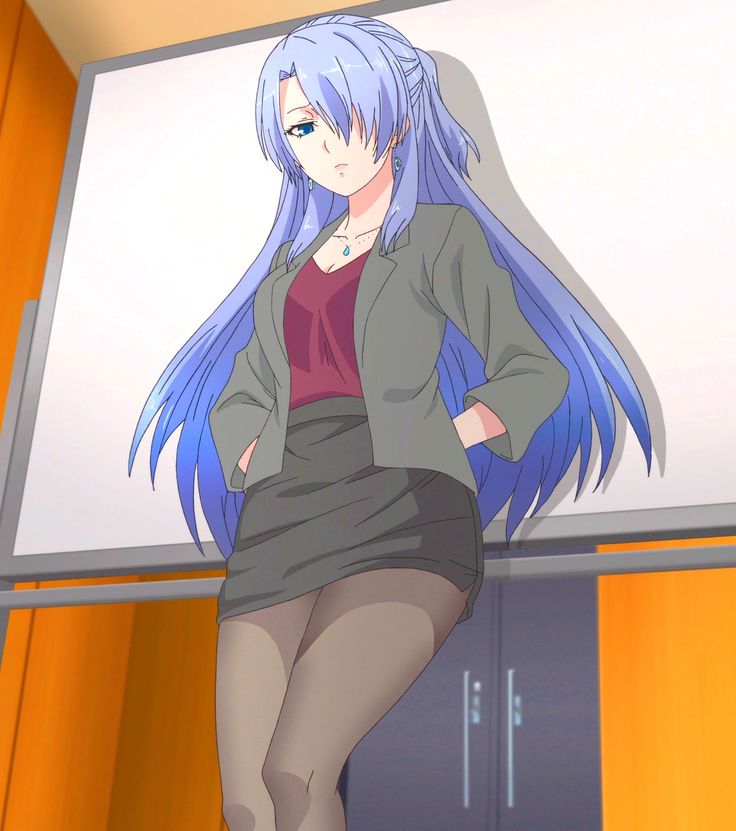 a woman with long blue hair standing in front of a whiteboard and holding her hands on her hips