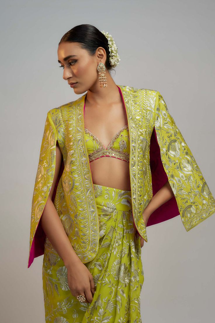 Gopi Vaid | Lime Green Dalnaz Blazer | INDIASPOPUP.COM Lime Green Blazer, Gopi Vaid, Smart Chic, Traditional Jacket, Resham Work, Blazer Outfits For Women, Adventurous Women, Chic Blazer, Draped Skirt