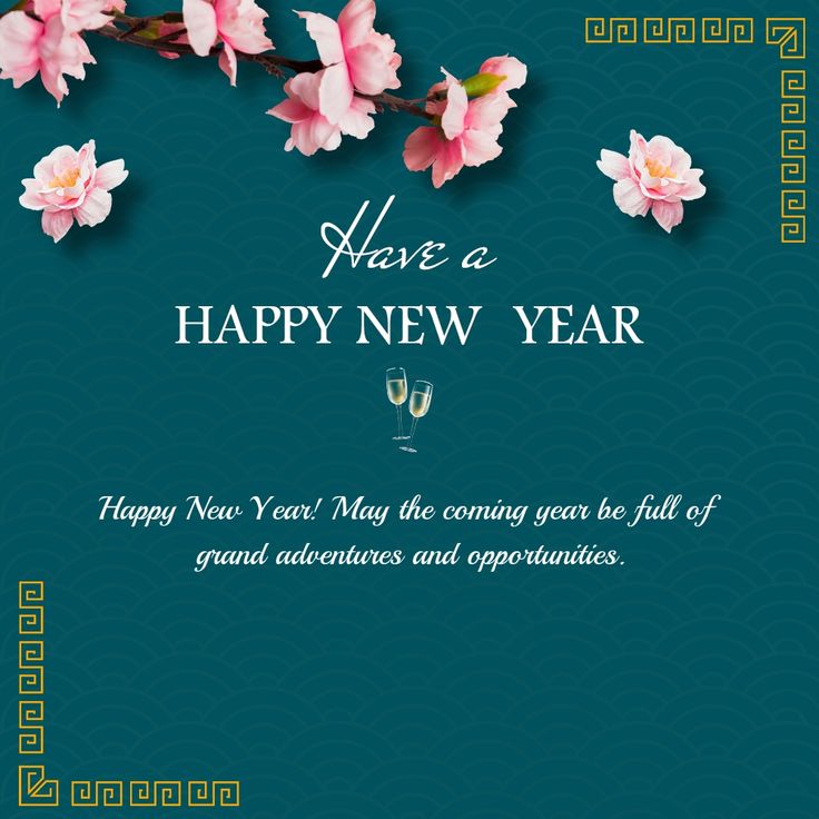 a happy new year card with pink flowers