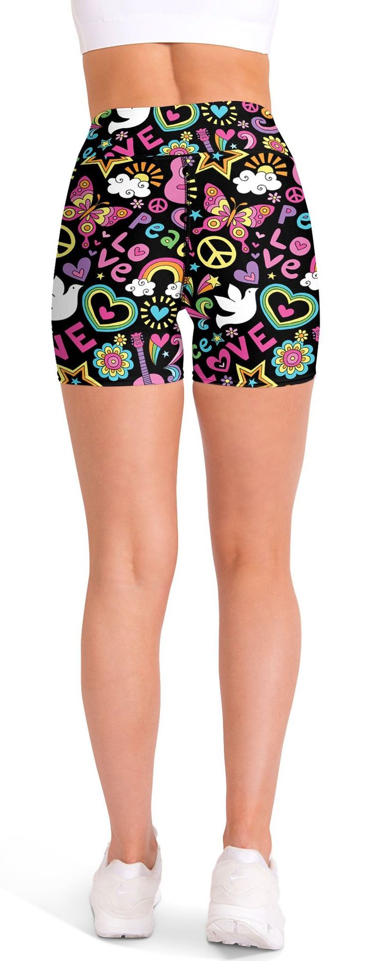 Spread some peace and love with this new design. The Gearbunch Peace and Love Yoga Shorts  has it all: peace symbols, rainbows, hearts, music, birds and a rainbow of bright colors black, blue, green, pink, yellow white and orange.
They are colorful and fun so spread the word of Peace and Love with Gearbunch
These shorts have a body-flattering fit that will make you feel super comfortable even during the most intense workouts. They come with a high waistband and are Black Casual Bottoms For Music Festival, Black Short Length Rave Bottoms, Playful Black Shorts For Summer, Rave Style Stretch Shorts For Music Festival, Rave Stretch Shorts For Music Festival, Stretch Rave Shorts For Music Festival, Fun Black Bottoms For Spring, Playful Multicolor Sports Shorts, Casual Short Bottoms For Music Festival