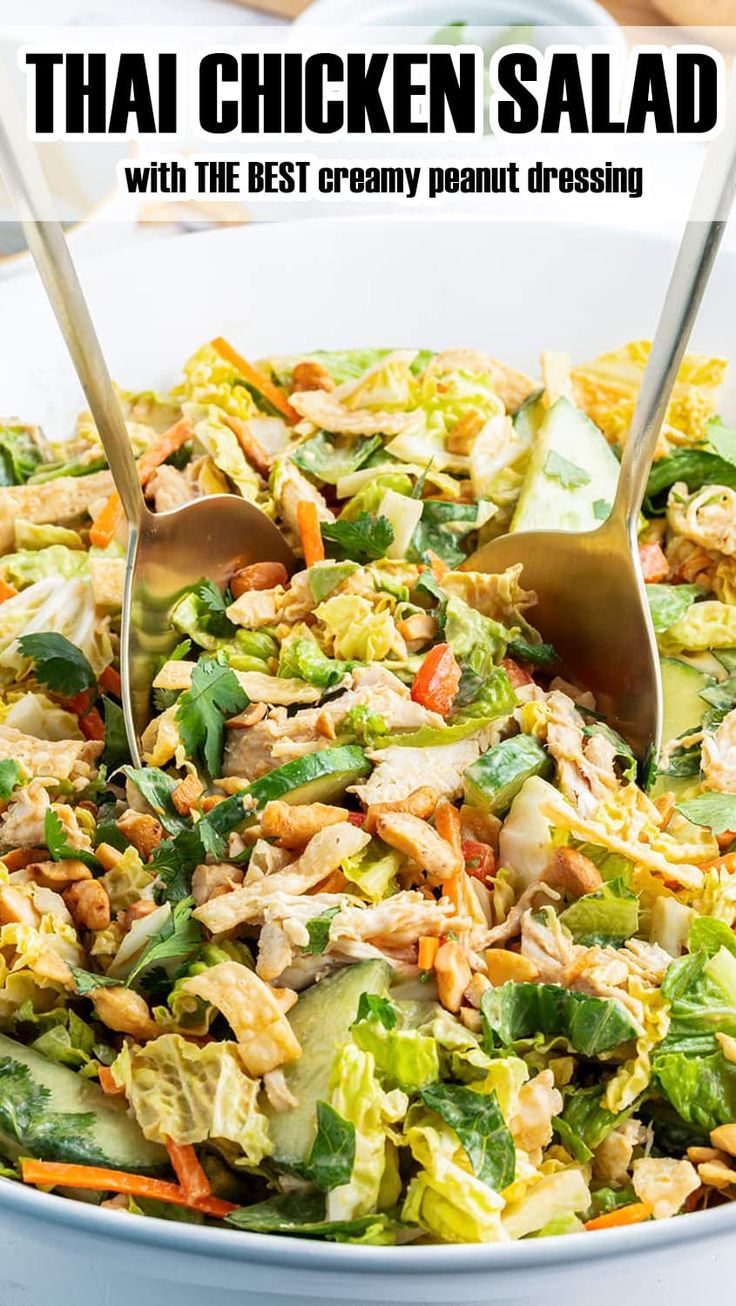 this thai chicken salad is loaded with the best creamy peanut dressing and it's ready to be eaten