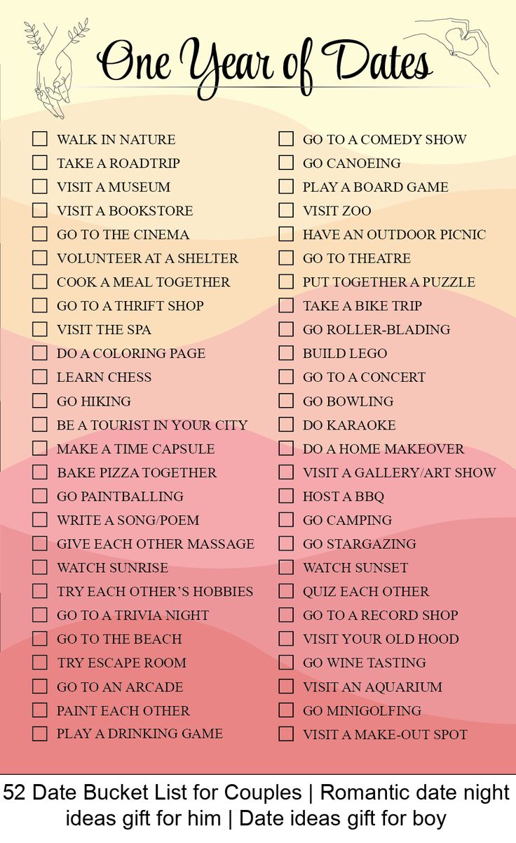 This unique bucket list for couples features a list of exciting and romantic date ideas to inspire your next outing. Whether you're looking for adventurous activities, romantic date nights, or simple and sweet gestures, this date ideas bucket list has something for everyone. Get inspired and challenge yourselves - Can you complete them all in one year? FEATURES: - 52 unique date ideas - check the boxes when you go on a date - colored version - yo Dating Activities For Couples, One Year Date Ideas, Date List Ideas, Simple Date Ideas Couples, This Or That Date Ideas, Couple To Do List, Romantic Dates Ideas, Love Bucket List, Date Ideas Gift