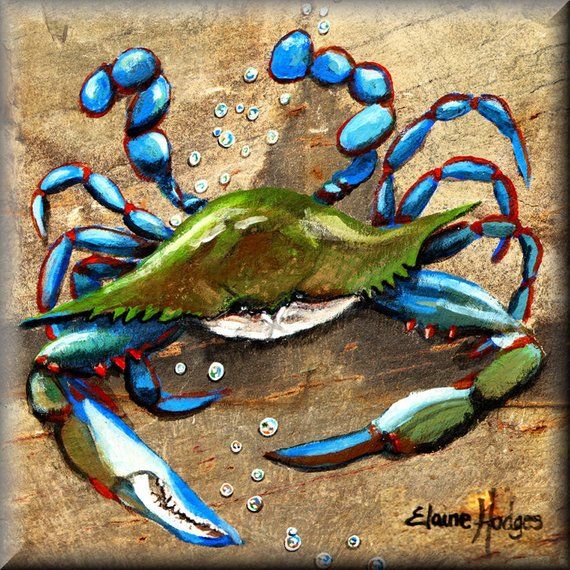 a painting of a blue crab with bubbles