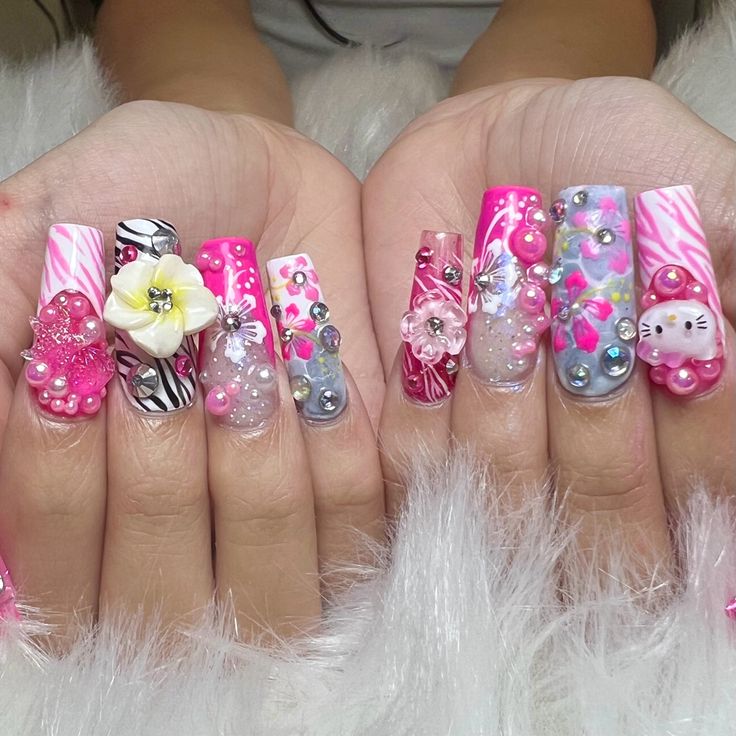 Hello Kitty Beach Nails, Manba Gyaru Nails, Gyaru Duck Nails, Agejo Gyaru Nails, Gyaru Nails Tropical, Gyaru Nails Short, Pink Gyaru, Manba Gyaru, Gyaru Nails