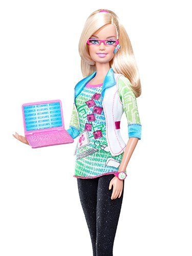 a barbie doll holding a laptop computer in one hand and wearing glasses on the other