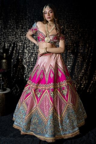 Rani pink flared lehenga with Bahar mahal embroidery using resham thread, zari, mirror highlights. Paired with a half sleeves deep sweetheart neck blouse with floral embroidery using resham thread, zari highlights, dangling glass beads and a contrasting yellow scallop border floral embroidered organza dupatta. - Aza Fashions Pink Anarkali Choli With Zari Work, Pink Lehenga With Zari Work For Navratri, Pink Lehenga With Resham Embroidery For Festivals, Festivals Pink Lehenga With Resham Embroidery, Pink Bollywood Choli With Dori Work, Pink Anarkali Lehenga With Dupatta, Bollywood Style Pink Choli With Dori Work, Pink Choli With Zari Work For Reception, Reception Pink Choli With Zari Work