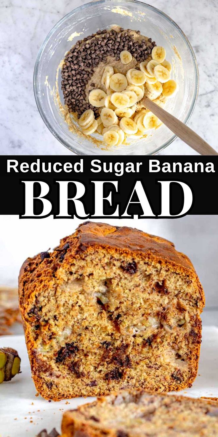 sliced banana bread with raisins and chocolate chips on top, next to a bowl of cereal