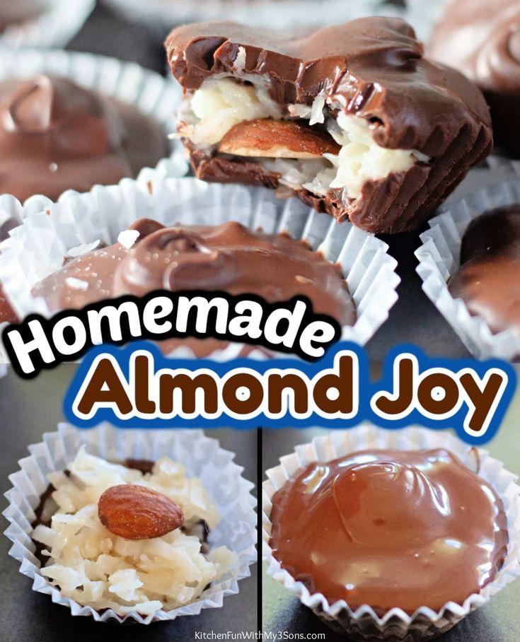 homemade almond joy chocolates with nuts and marshmallows in the bottom half