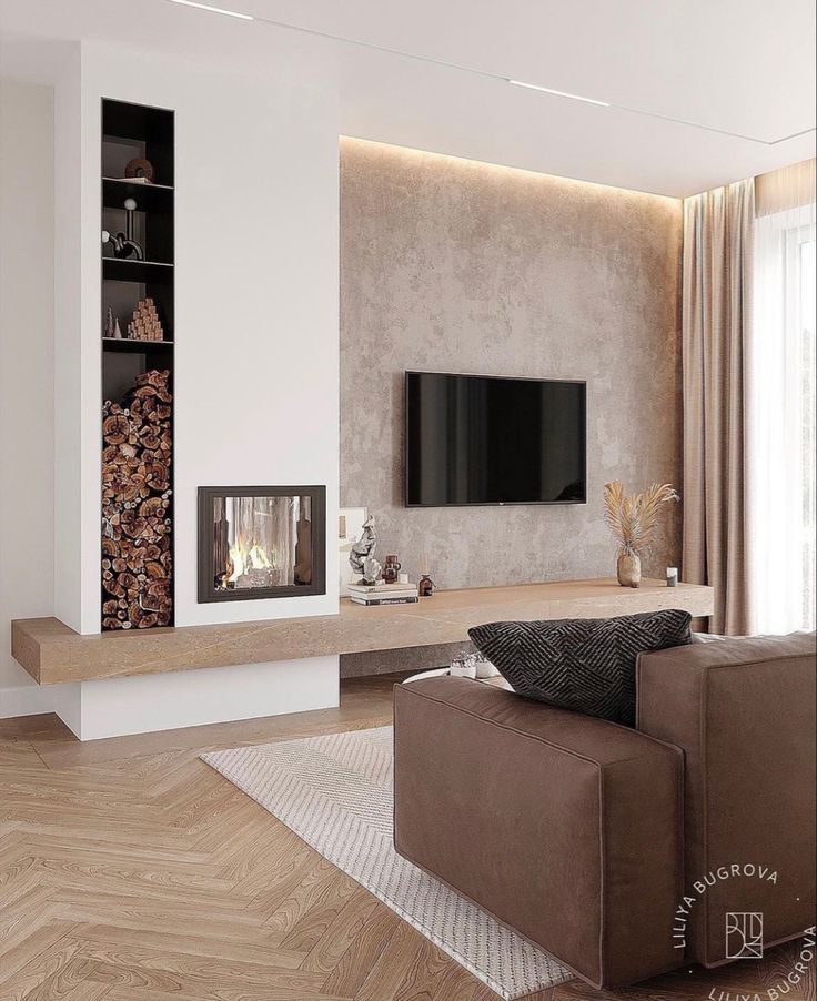 Modern Living Room Ideas Beige, Neutral Cozy Living Room Modern, Fireplace Contemporary Design, Fireplace With Storage On Sides, Fireplace Tv Wall Modern Interior Design, Fireplace Next To Tv, Dnevni Boravak Ideje, Tv And Fire Wall Ideas, Living Room Decor Fireplace