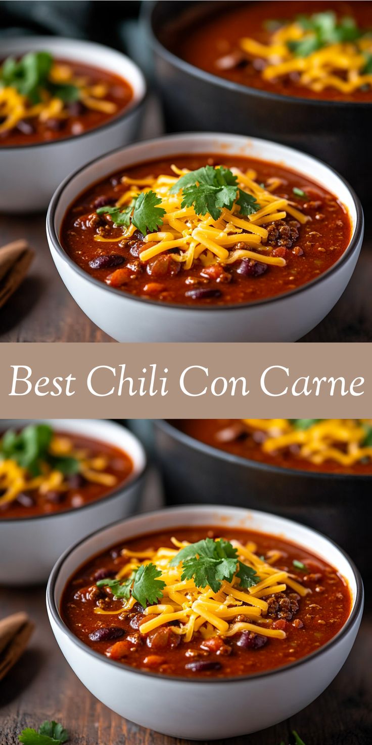 four bowls of chili con carne with cheese and cilantro garnishes