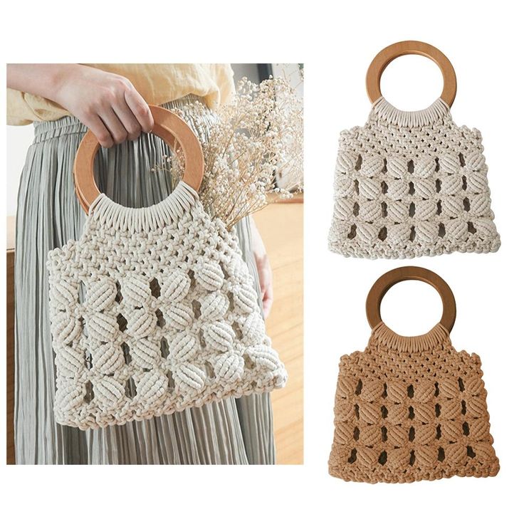 Boho Rope Wood Handle Bag. Lovely retro circle handle bag. Handle: hard wood handle Color: cream, brown Bag Size: Approx. 11 inches by 12 inches Cream Shoulder Bag With Bamboo Handle, Cream Top Handle Bag With Bamboo Handle, Cream Top Handle Bag With Bamboo, Cream Top Handle Bag With Bamboo Detail, Beige Crochet Bag With Round Handle For Shopping, Brown Crochet Bag With Round Handle For Daily Use, Beige Bag With Bamboo Round Handle, Brown Crochet Bag With Braided Round Handles, Beige Crochet Bag With Bamboo Double Handle