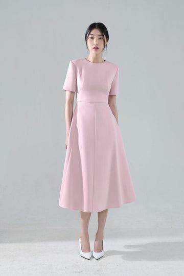 Feryn Round Neck Dress | MEAN BLVD Fitted Minimalist Midi Dress, Plain Fitted Formal Dress, Chic Short Sleeve Plain Dresses, Formal Fitted Plain Dress, Minimalist Fitted Midi Dress, Chic Plain Midi Dress, Plain Short Sleeve Dresses For Work, Short Sleeve Plain Dresses For Work, Sleek Midi-length Dresses With Minimal Stretch