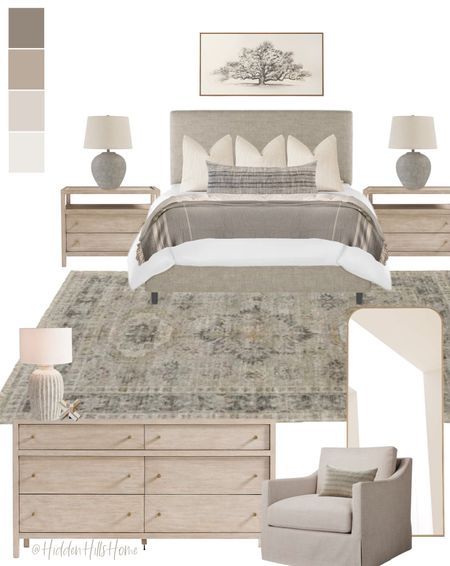 a bedroom is shown with neutrals and whites on the bed, dresser, chair, ottoman, lamps, and rug