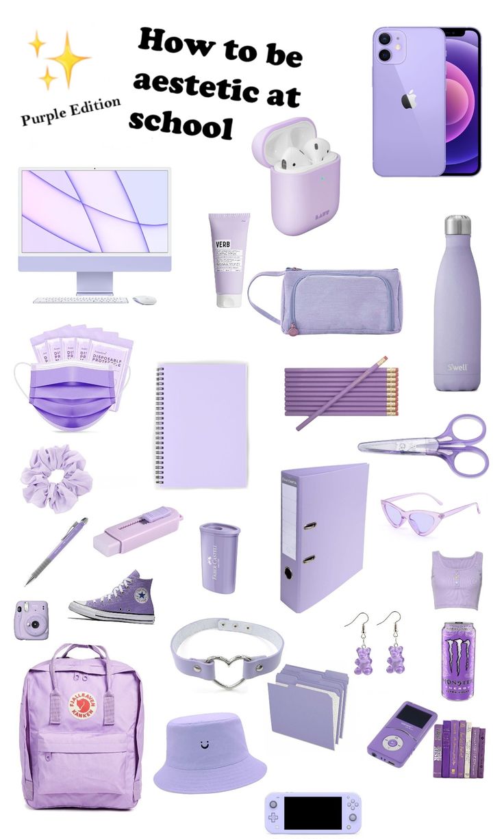 an image of purple items that are in the shape of a school bag with text reading how to be aesthetic at school