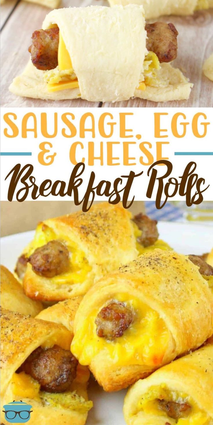 sausage, egg and cheese breakfast rolls on a white plate with the title above it