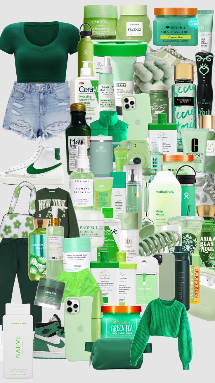 a collage of green items and clothing with the same color as they appear in this image