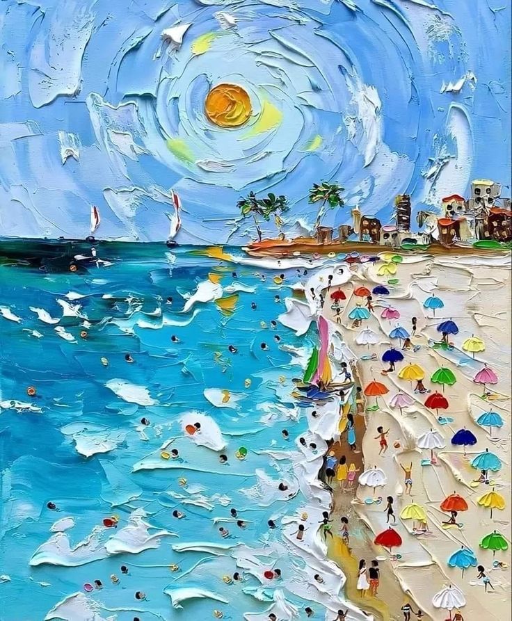 a painting of people on the beach with umbrellas