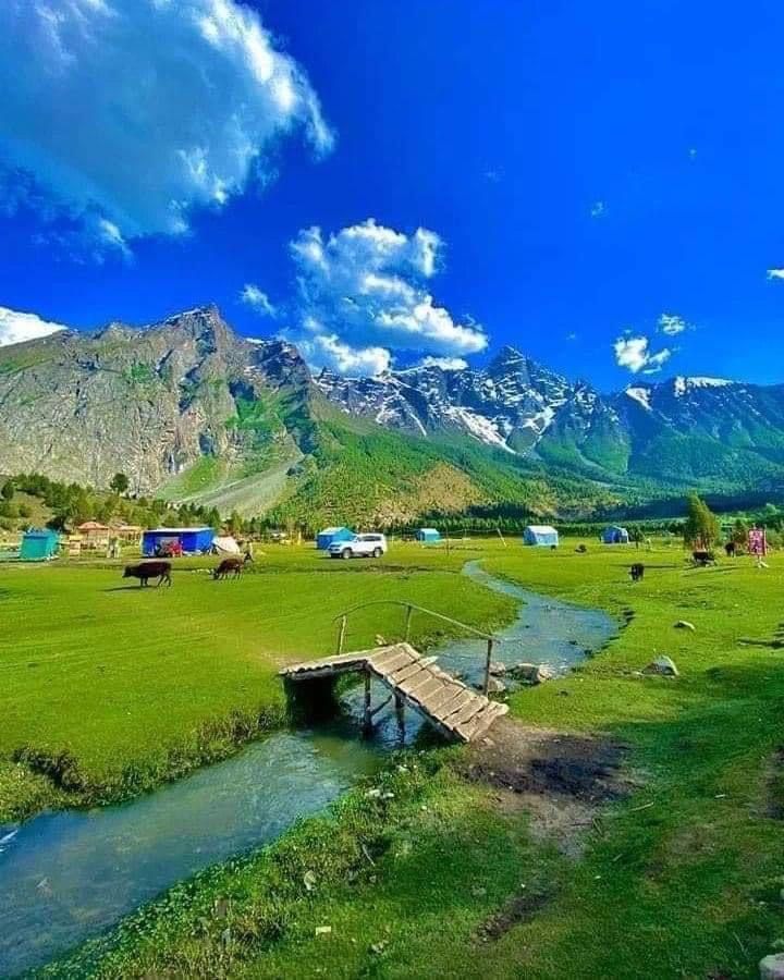 a small wooden bridge over a stream in the middle of a green field with mountains in the background