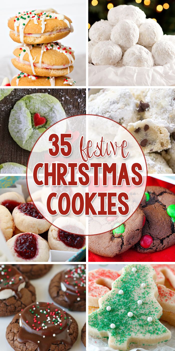 christmas cookies and desserts with the words 35 festive christmas cookies