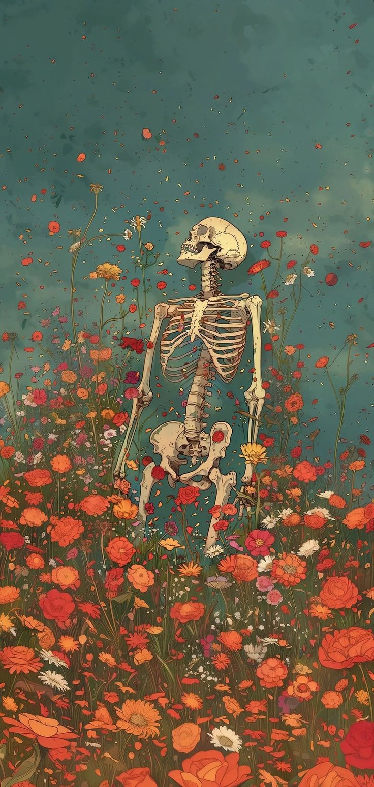 a painting of a skeleton in a field of flowers