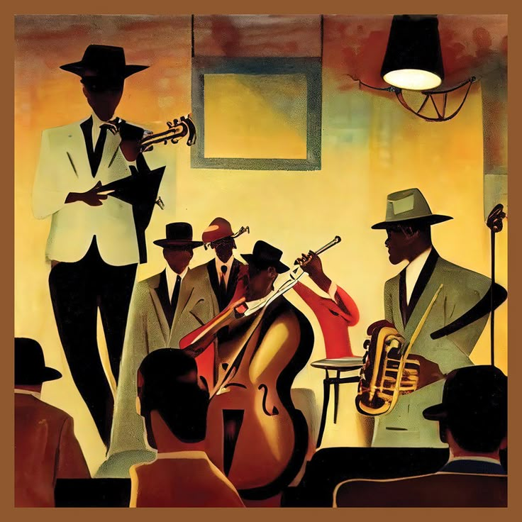 a painting of men in suits and hats playing instruments while another man stands next to them