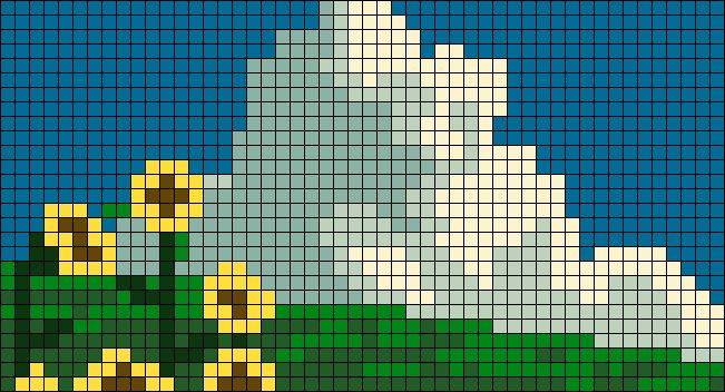 a cross stitch pattern with yellow flowers in the foreground and clouds in the background