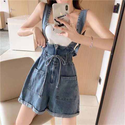 Loose Front Lace Tie Short Jumpsuits – Nada Outfit Land Denim Jumper Shorts, Romper Women, Overalls Casual, Retro Streetwear, Tie Shorts, Short Denim, Summer Girl, Denim Romper, Swaggy Outfits