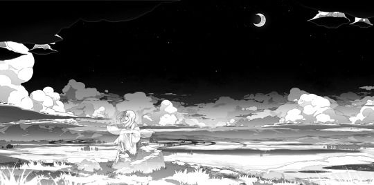 a black and white anime scene with clouds in the sky