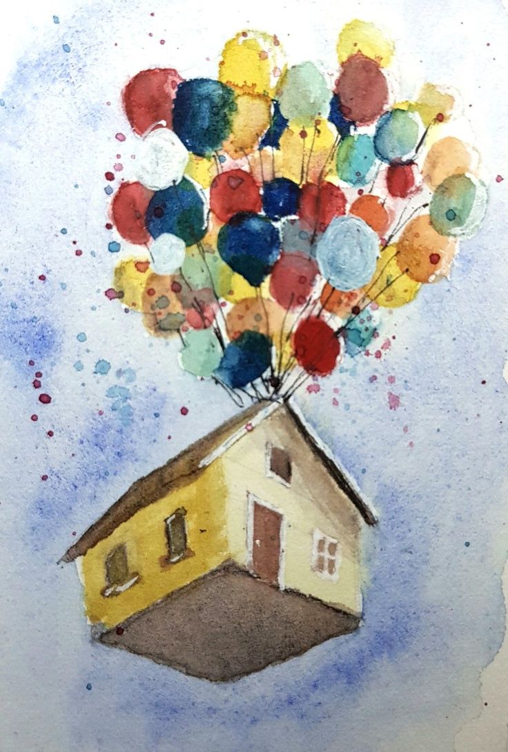 a painting of a house with balloons floating out of it's roof and on the ground