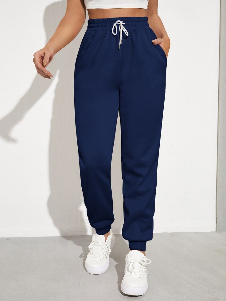 Navy Blue  Collar  Fabric Plain  Embellished Slight Stretch All Women Bottoms Blue Joggers Outfit, Women Sweatpants, Pocket Sweatpants, Sweatpants Outfit, Blue Joggers, Joggers Outfit, Fathers Day Sale, Baggy Pant, Pantalon Large