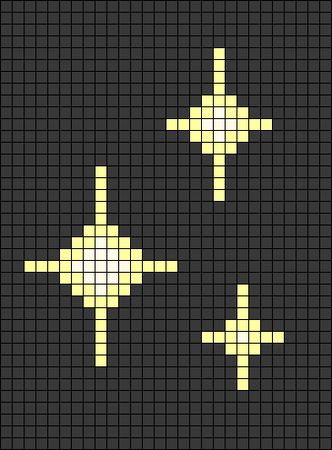 three yellow crosses on a black background with white squares in the shape of an x and y