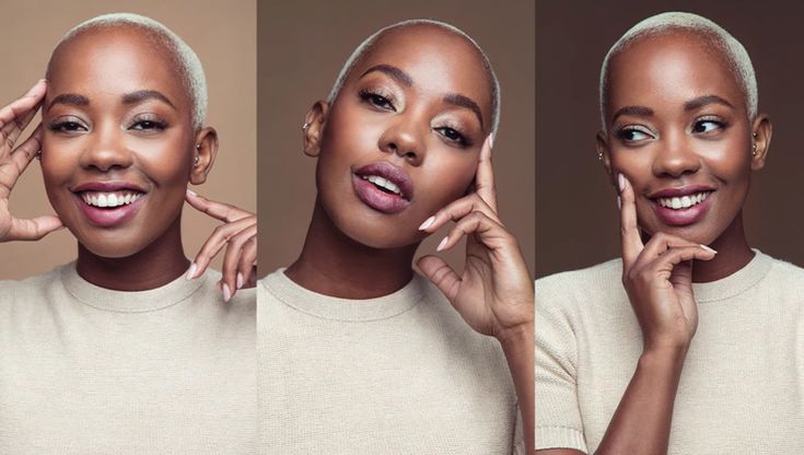 three different shots of a woman with short hair and wearing a white shirt, posing for the camera