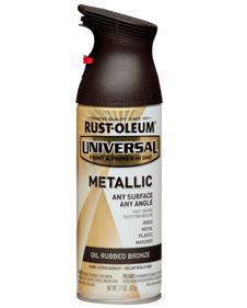 rustoleum universala metallic spray paint in black, brown and gold colors on a white background