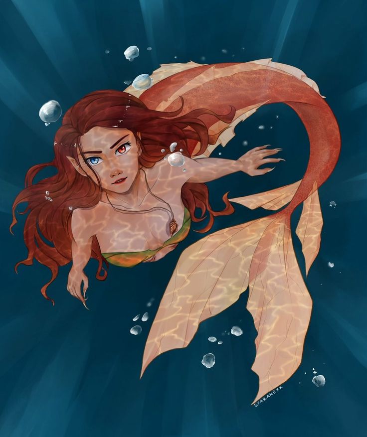 a drawing of a mermaid with red hair and blue eyes swimming in the ocean water