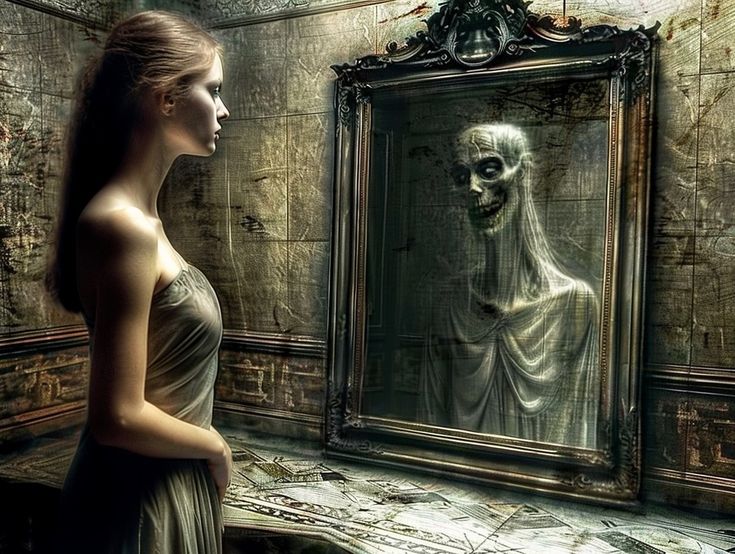 a woman standing in front of a mirror looking at a creepy skeleton face on the wall