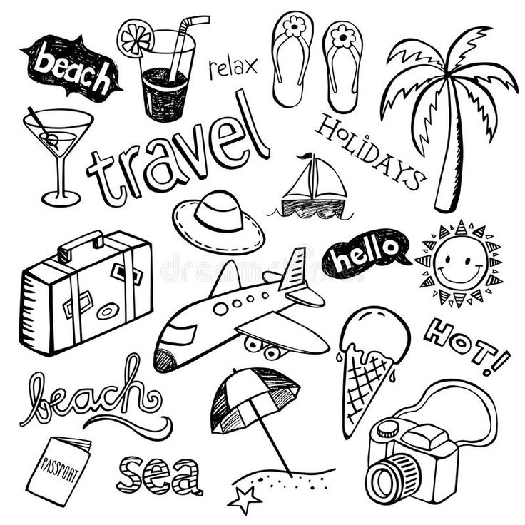 black and white hand drawn travel doodles with palm trees, umbrellas, beach items