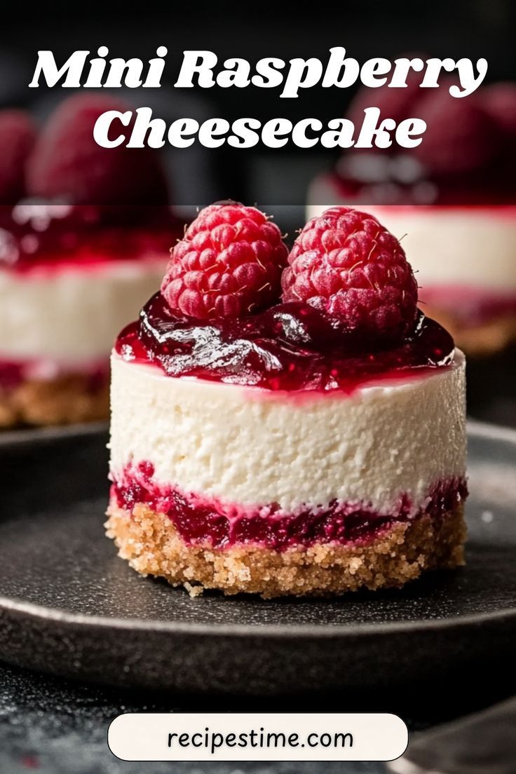 mini raspberry cheesecake on a plate with the text overlay reading mini raspberry cheesecake