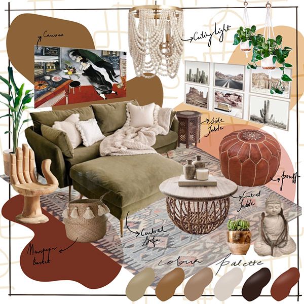 a living room filled with lots of furniture and decorating items in shades of brown, green