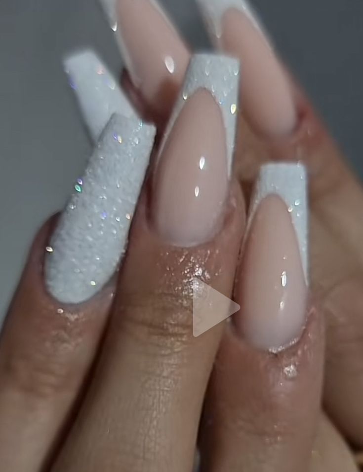 White Nails Glitter French, Ballerina Nails French Tip Glitter, Semi Formal Nails Acrylic, White French Tip Nails Glitter, Glitter White French Tip Nails, Bridal Nails Wedding Acrylic, White Sparkle French Tip Nails, Bridal Nail Ideas Brides, White French With Glitter